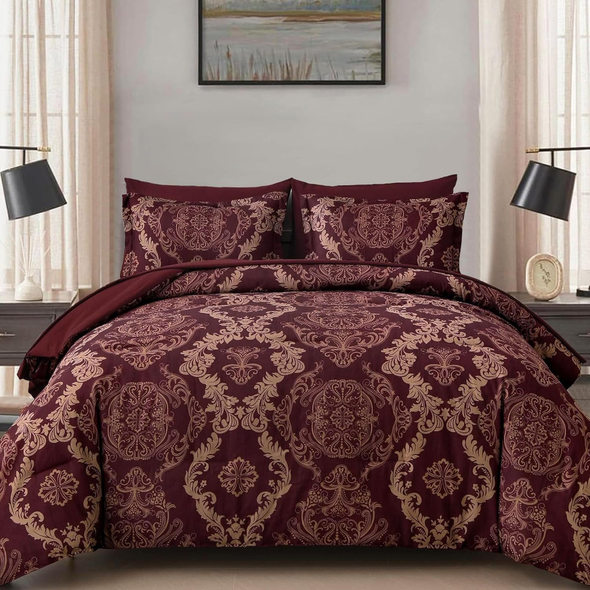 WONGS BEDDING Black Comforter Set King Size, Gold Damask Texture 7 Pieces Bed in a Bag Microfiber Comforter Bedding Sets -1 Comforter, 1 Flat Sheet, 1 Fitted Sheet, 2 Pillow Shams, 2 Pillowcases