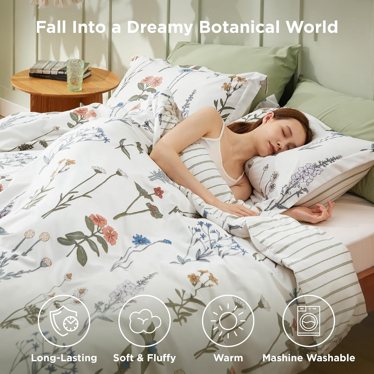 Bedsure Floral Queen Comforter Set, White Breathable Fall Bedding 3 Pcs