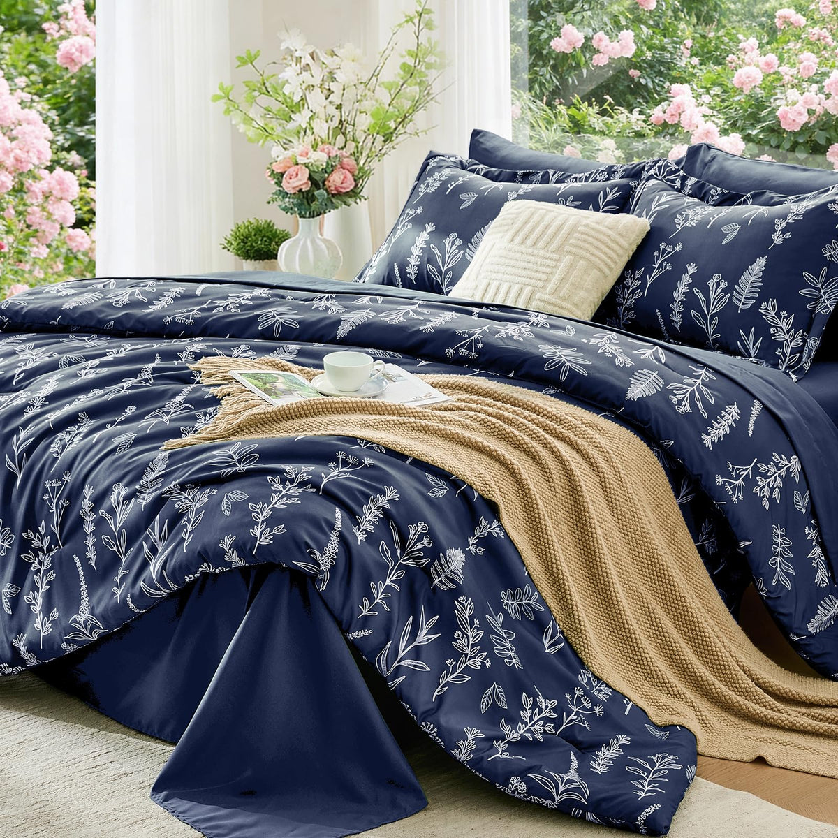 MUXHOMO Queen Comforter Set 7 Pieces, Sage Green Bed in a Bag Queen Reversible Botanical Flowers Design, Ultra Soft & Breathable Bedding Sets with Comforter, Sheets, Pillowcases & Shams
