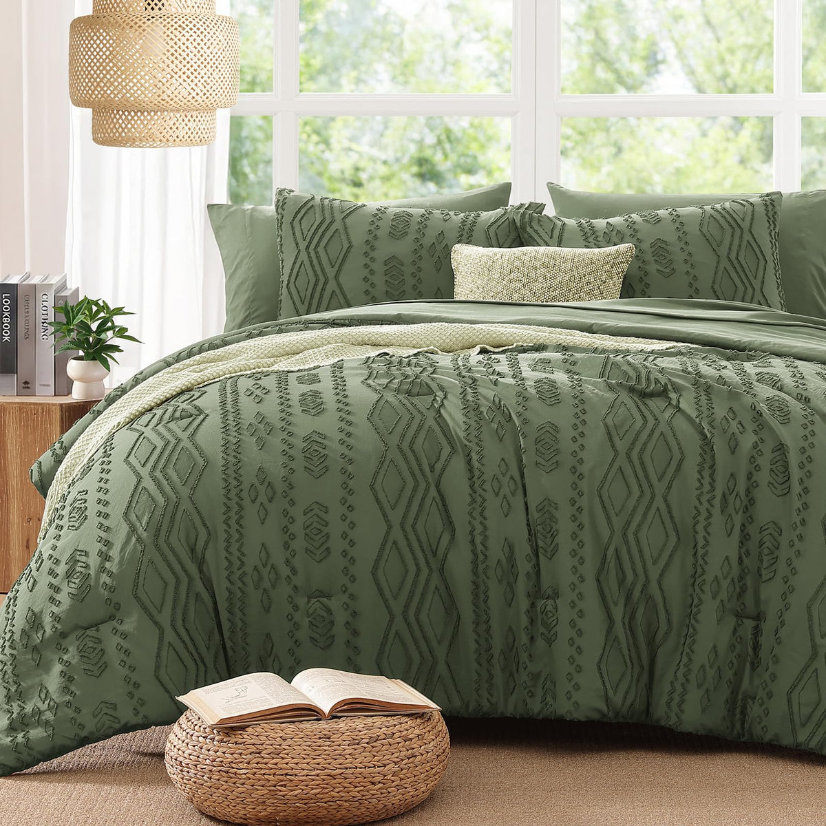 King Size Comforter Set Beige Tufted Boho Bedding Sets Farmhouse 7 Pieces