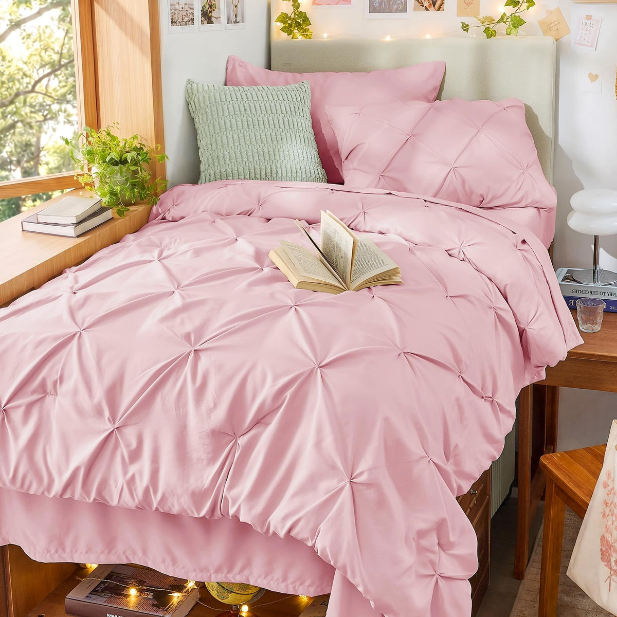 Sasttie Queen Comforter Set, 7-Piece Bed in a Bag, Pintuck Bedding Sets for All Season, Includes Comforter, Flat Sheet, Fitted Sheet, Pillowcases and Pillowshams, Beige