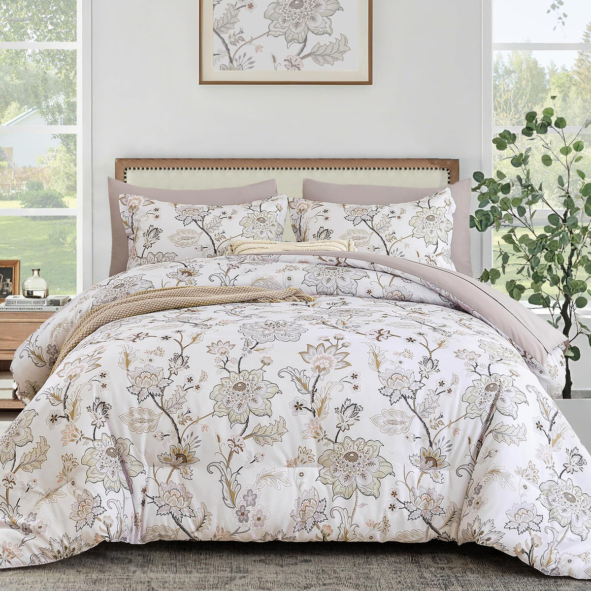Luxudecor Sage Green Floral Queen Comforter Set, 7 Pieces Bed in a Bag