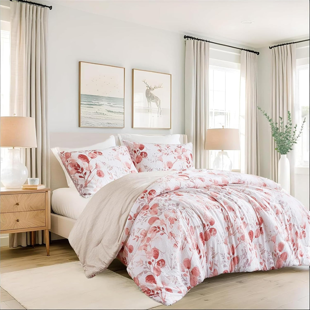 Lightweight Seersucker Botanical Comforter Set Queen Size, 3 Pieces Reversible Design with Striped Print, Premium Microfiber Bedding Set, Comforter and Sham Set, Green