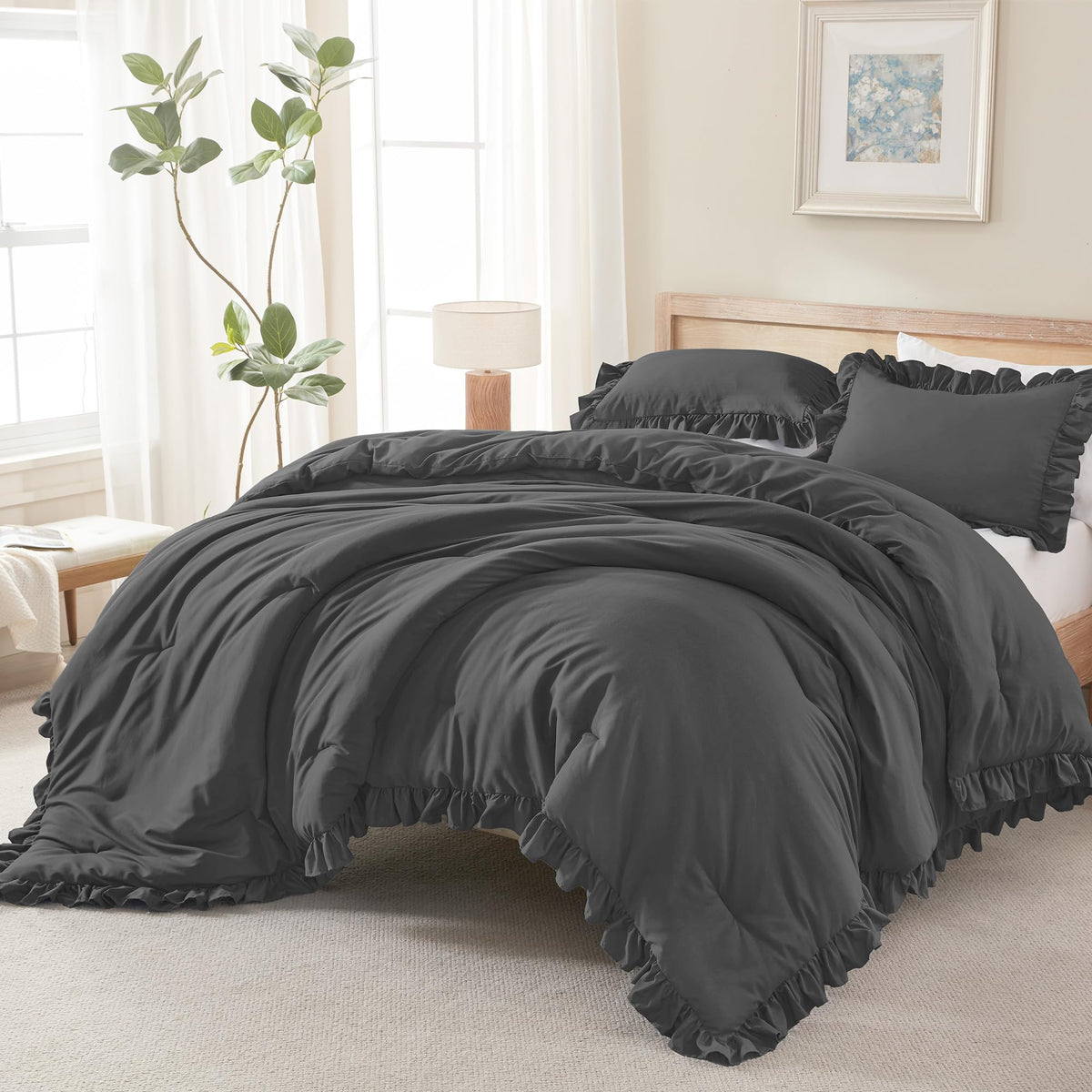 Andency White Comforter Set Queen Size, 3 Pieces Ruffle Farmhouse Bed Set