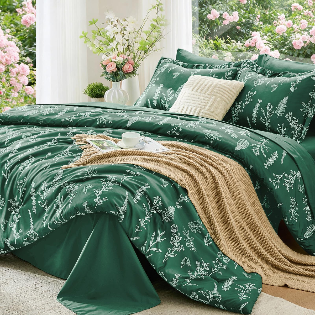 MUXHOMO Queen Comforter Set 7 Pieces, Sage Green Bed in a Bag Queen Reversible Botanical Flowers Design, Ultra Soft & Breathable Bedding Sets with Comforter, Sheets, Pillowcases & Shams