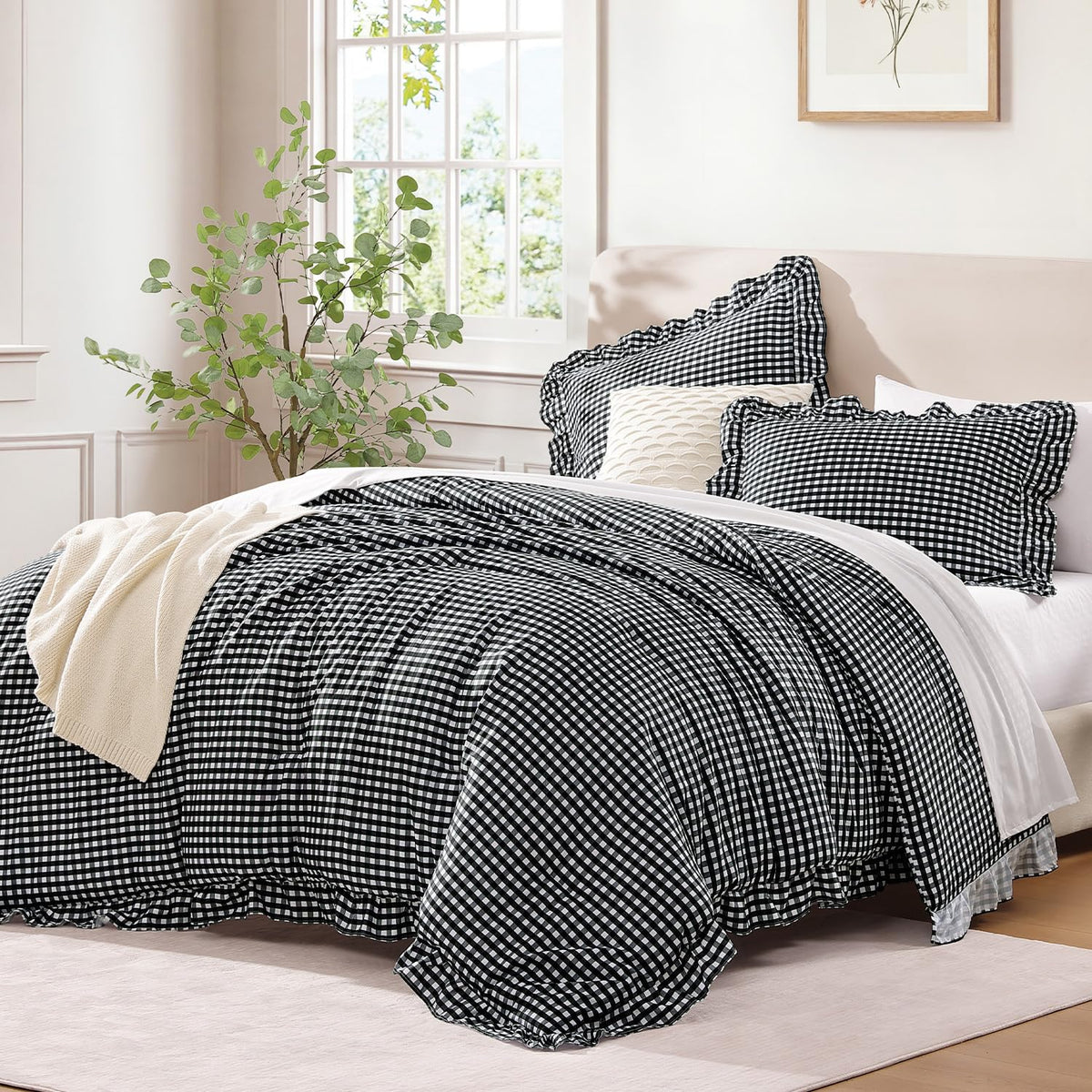 Andency White Comforter Set Queen Size, 3 Pieces Ruffle Farmhouse Bed Set