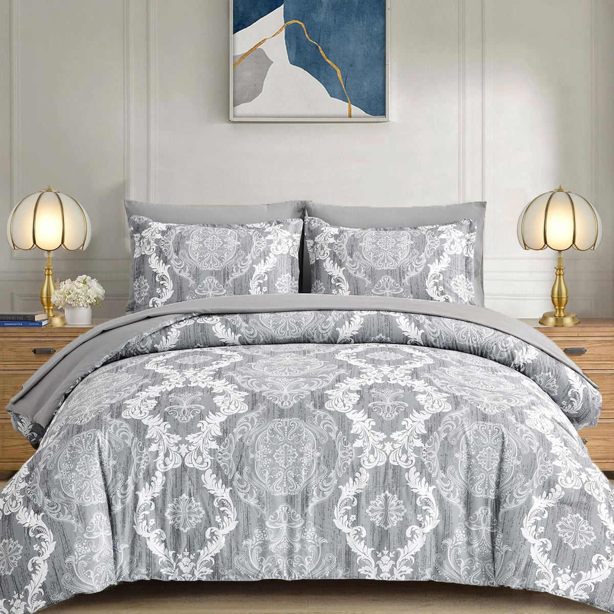 WONGS BEDDING Black Comforter Set King Size, Gold Damask Texture 7 Pieces Bed in a Bag Microfiber Comforter Bedding Sets -1 Comforter, 1 Flat Sheet, 1 Fitted Sheet, 2 Pillow Shams, 2 Pillowcases