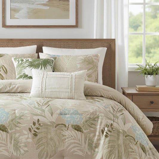 Harbor House King Comforter Set, Tropical Palm Print, Soft Cotton Oversized Comforter for a King-Size Bed, Coastal Bedding, 2 Shams, Bedskirt, 2 Décor Pillows, Kiawah Island, King Taupe