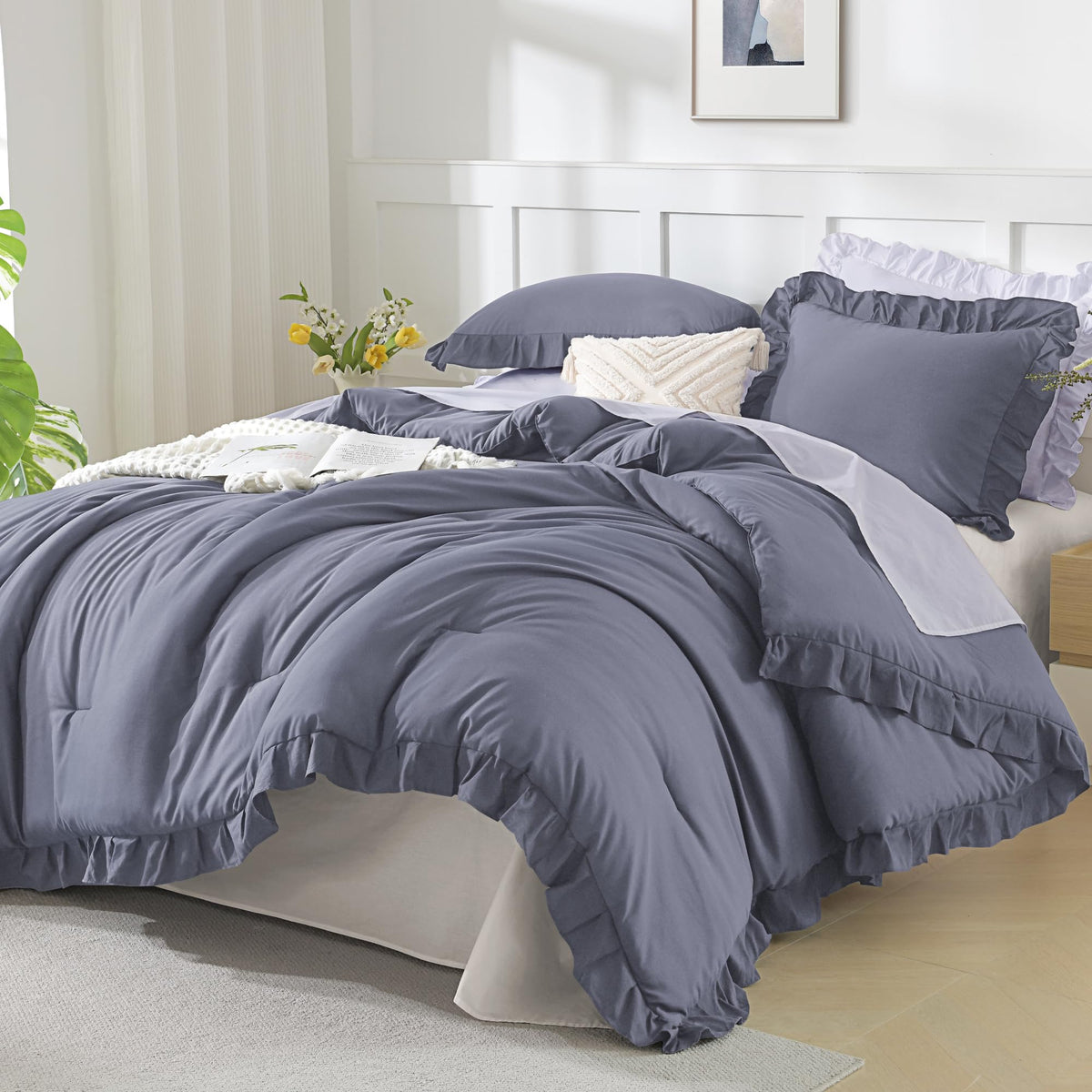 Andency White Comforter Set Queen Size, 3 Pieces Ruffle Farmhouse Bed Set