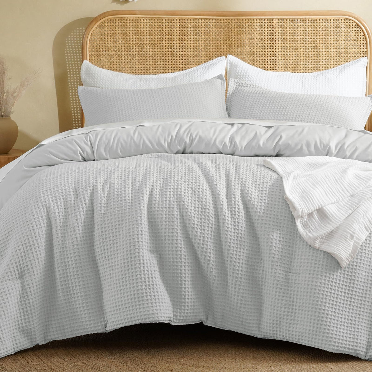 David's Home Textured Summer Waffle Weave Comforter Set, Queen, Linen