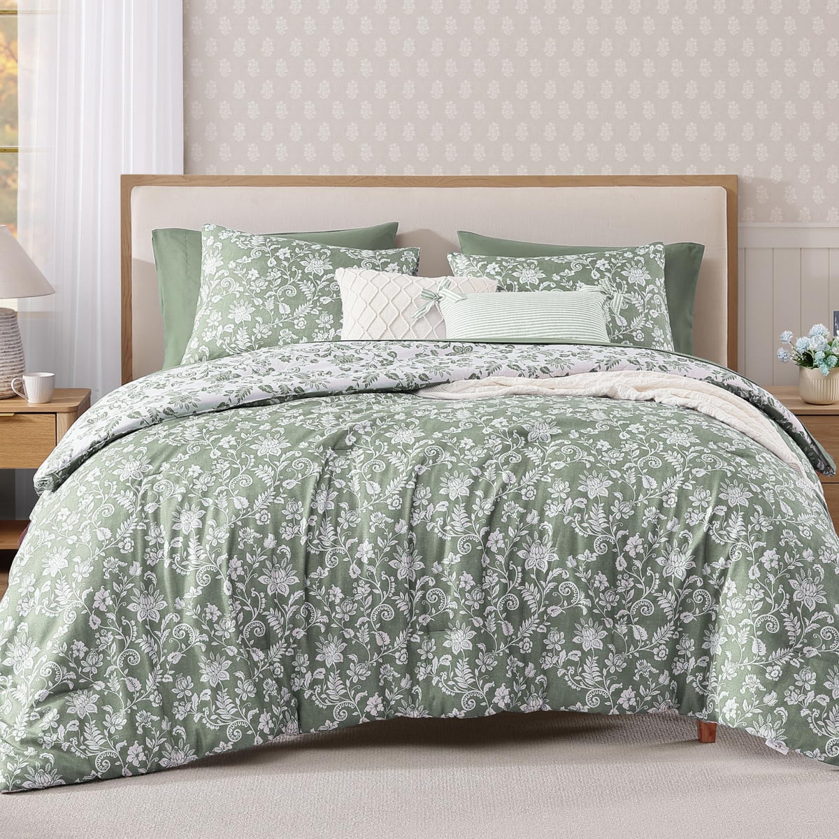 BLOOMHAVEN Full Size Comforter Sets-7 Pieces Rose Floral Bed in a Bag
