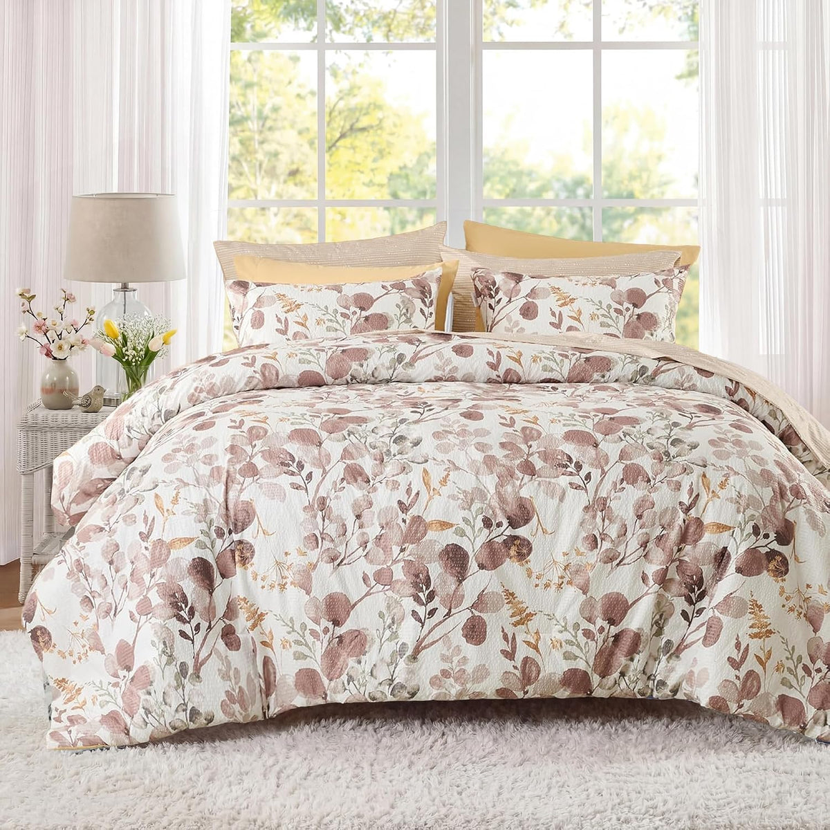 Lightweight Seersucker Botanical Comforter Set Queen Size, 9 Pieces Reversible Design Bed in A Bag Set, Premium Microfiber Bedding Set, Brown