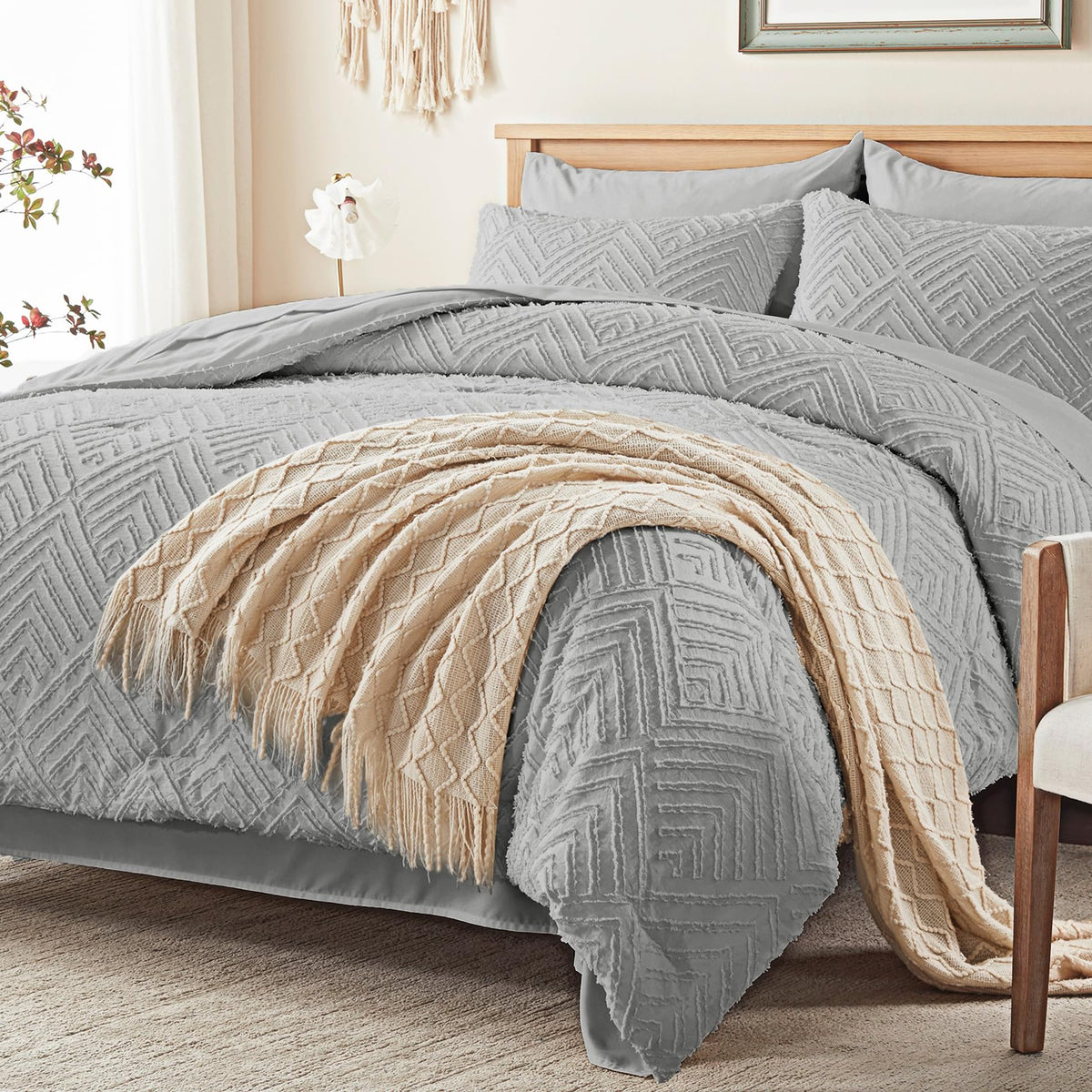 Zzlpp Queen Comforter Set 7 Piece, Beige Bed in a Bag Queen Bedding Sets