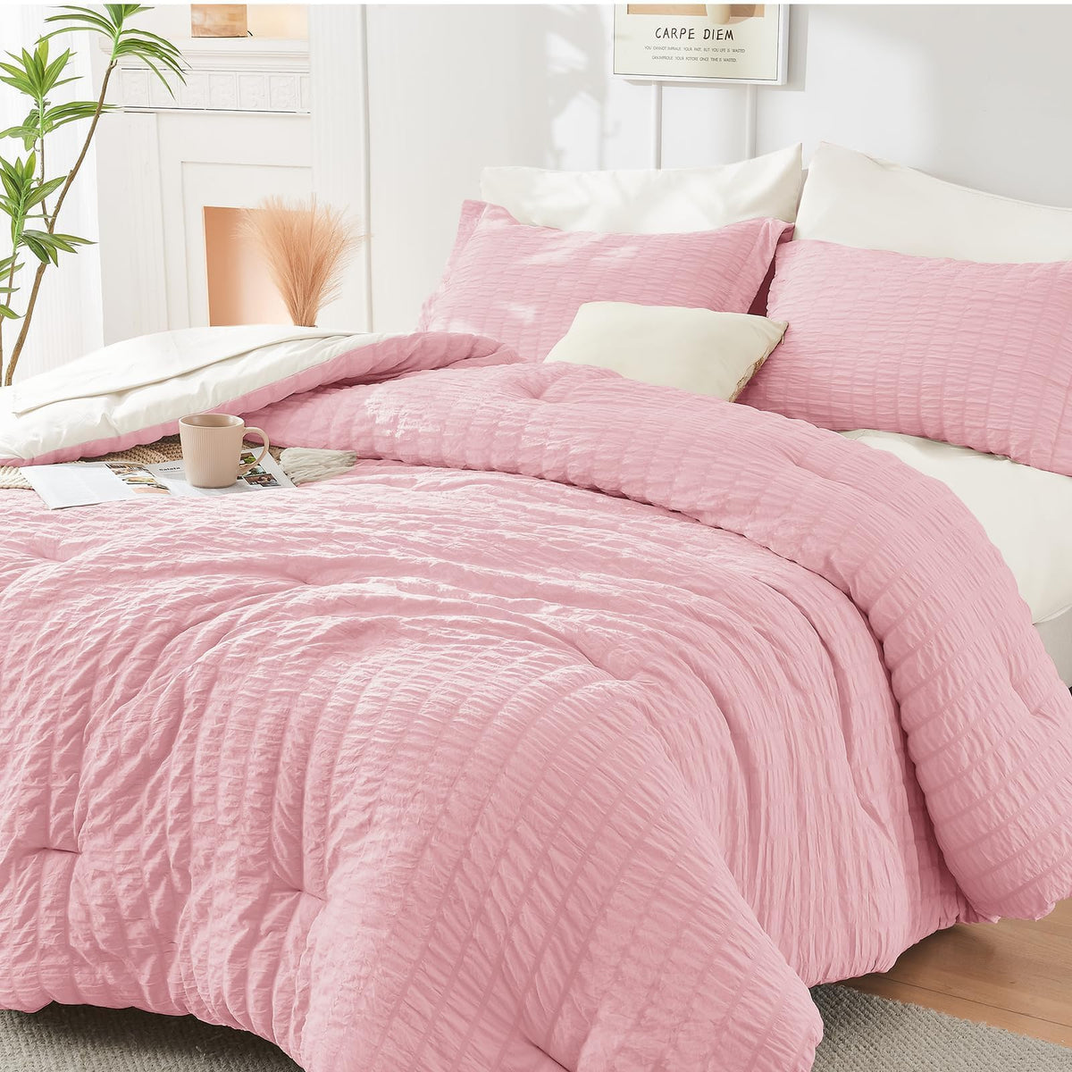 HYMOKEGE Queen Comforter Set Seersucker 7 Pieces, All Season Luxury Bed in a Bag for Bedroom, Bedding Set with Comforters, Sheets, Pillowcases & Shams, Dark Grey