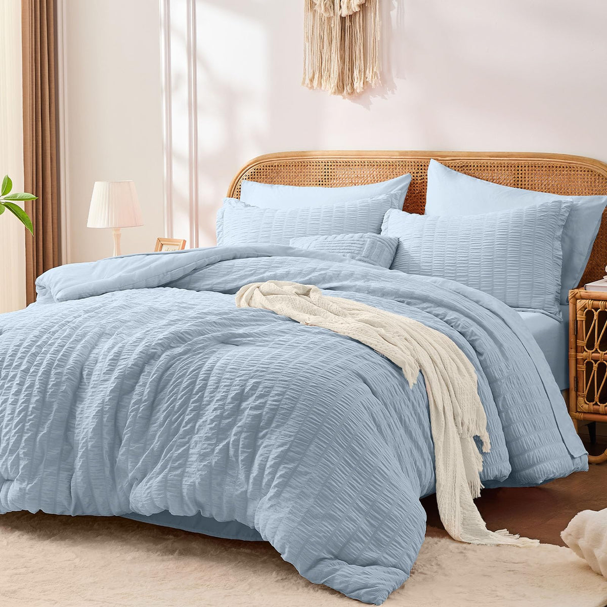 FUANNA Queen Comforter Set 7 Pieces, Pink Bed Set, Seersucker Bed in a Bag