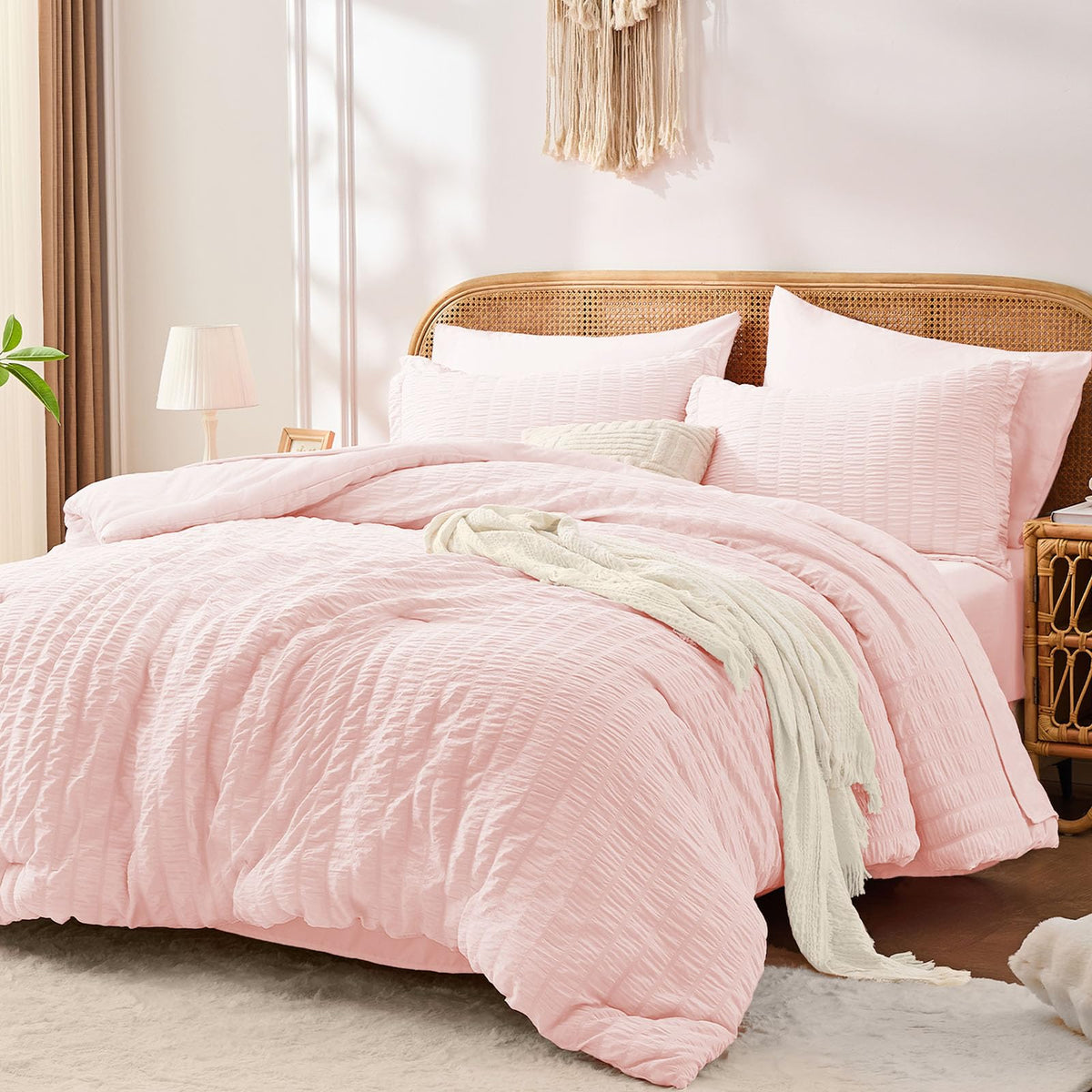 FUANNA Queen Comforter Set 7 Pieces, Pink Bed Set, Seersucker Bed in a Bag