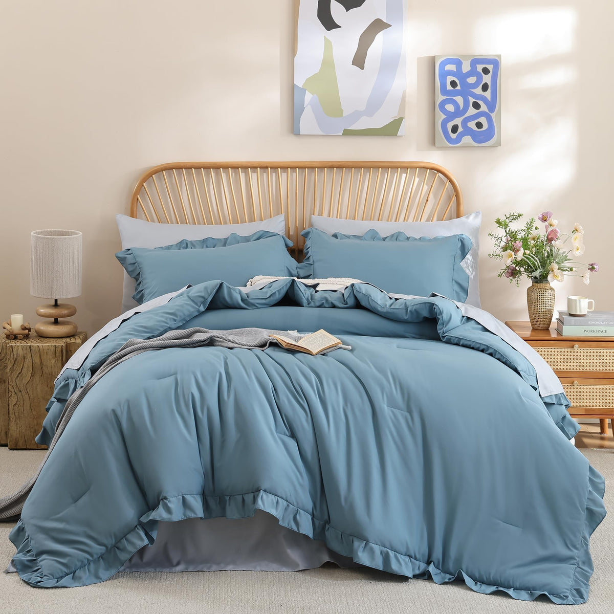 JANZAA Blush Pink Comforter Set Queen, Ruffle Soft Bedding