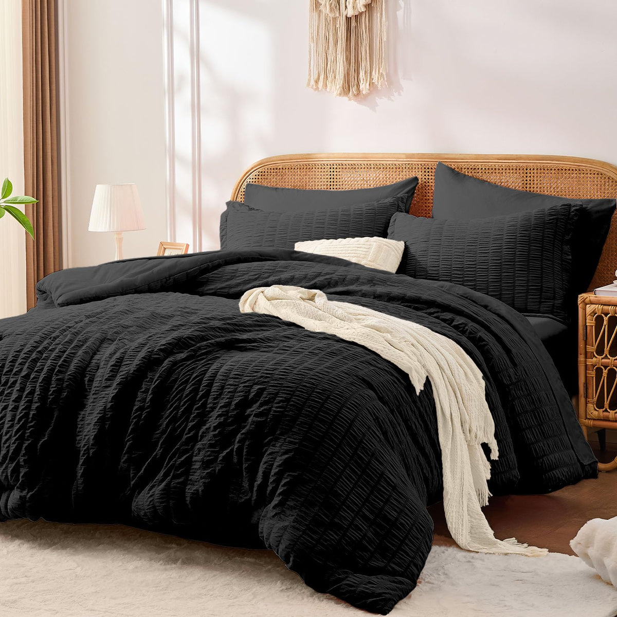 FUANNA Queen Comforter Set 7 Pieces, Pink Bed Set, Seersucker Bed in a Bag
