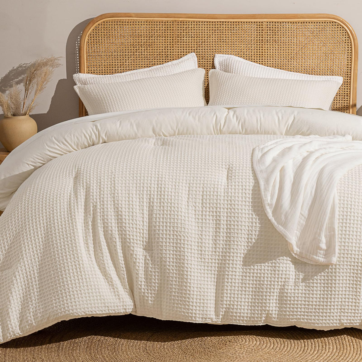 David's Home Textured Summer Waffle Weave Comforter Set, Queen, Linen