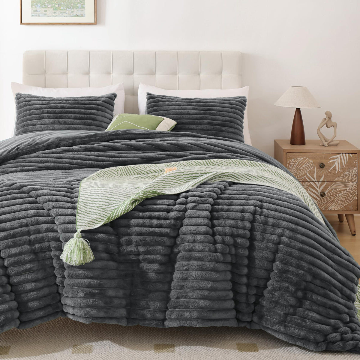 Smoofy Fluffy Queen Size Comforter 3 PCS - Tie Dye Grey Fleece Bedding Set