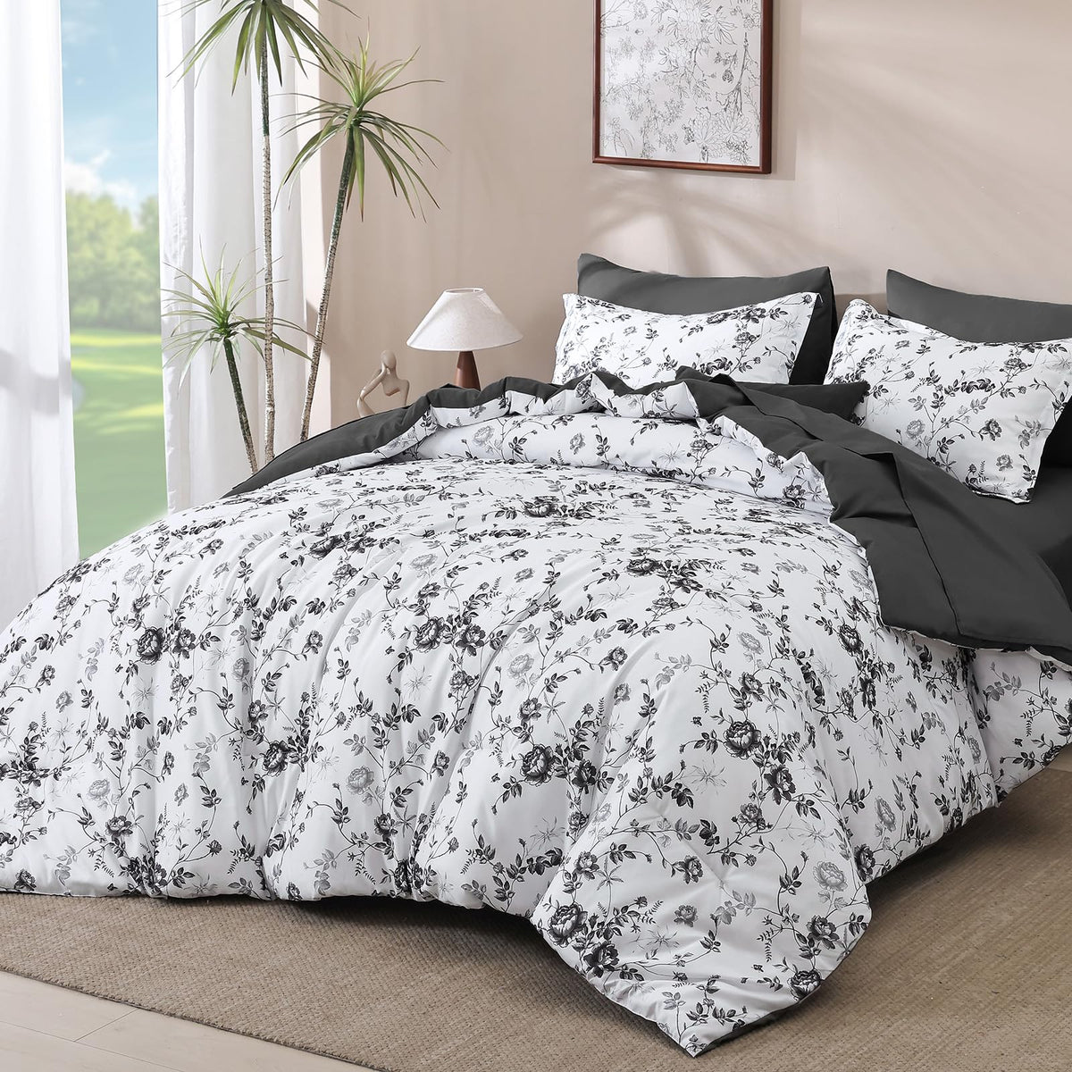 Luxudecor Sage Green Floral Queen Comforter Set, 7 Pieces Bed in a Bag
