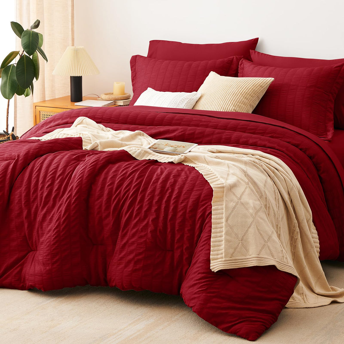 CozyLux Queen Comforter Set, 7 Pieces White Seersucker Bed in a Bag