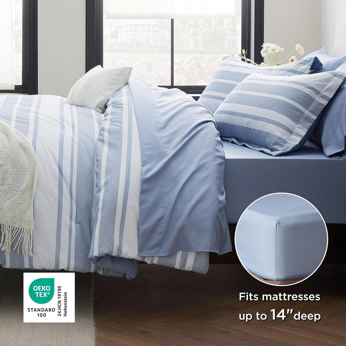 Bedsure Queen Comforter Set, Blue Striped Bedding Set, 7 Piece