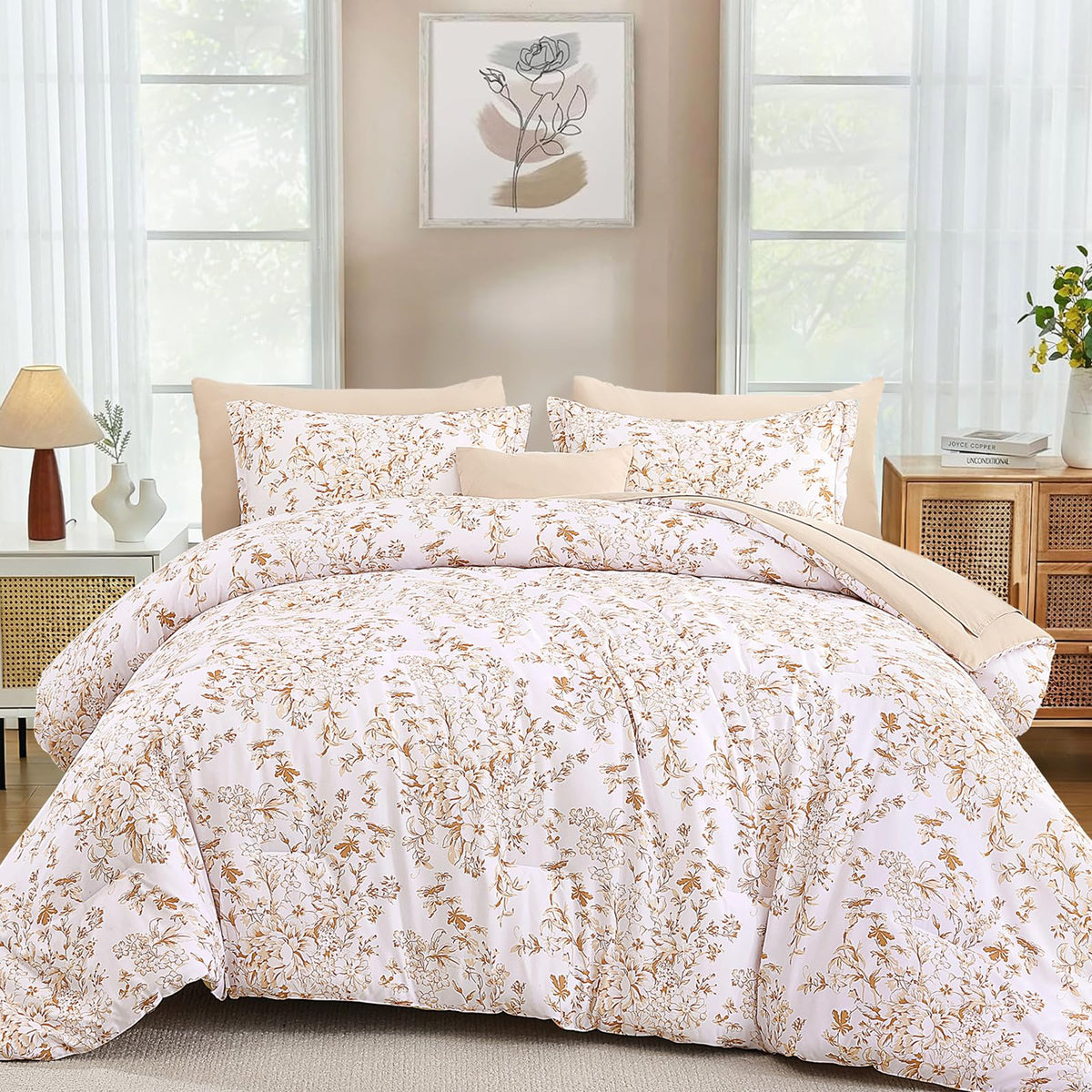 WONGS BEDDING 8 Pieces King Size Comforter Set Green,Sage Green Floral Bed in a Bag Comforter Sets, Soft Reversible Botanical Flowers Bedding Sets for All Season (90"x104")