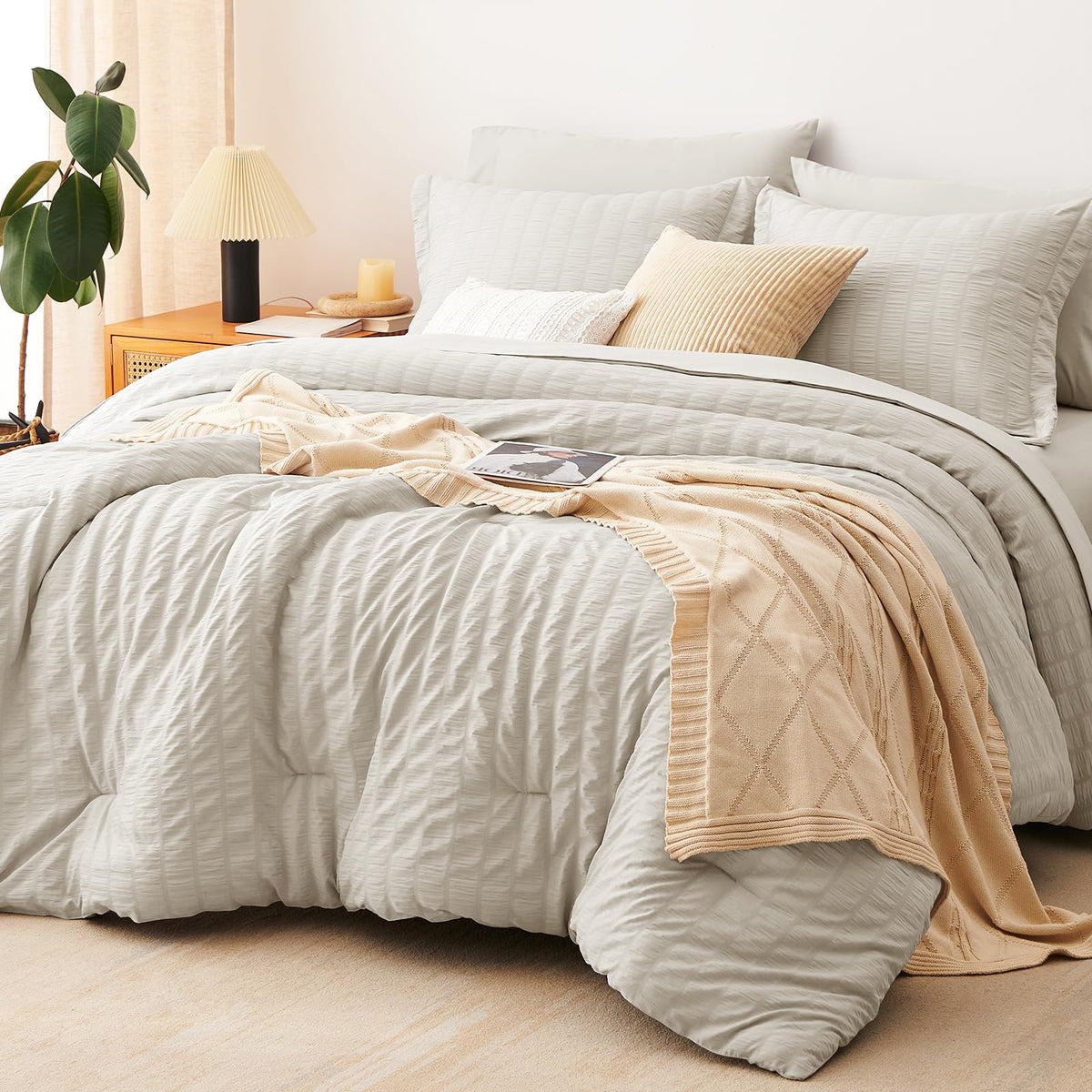 CozyLux Queen Comforter Set, 7 Pieces White Seersucker Bed in a Bag