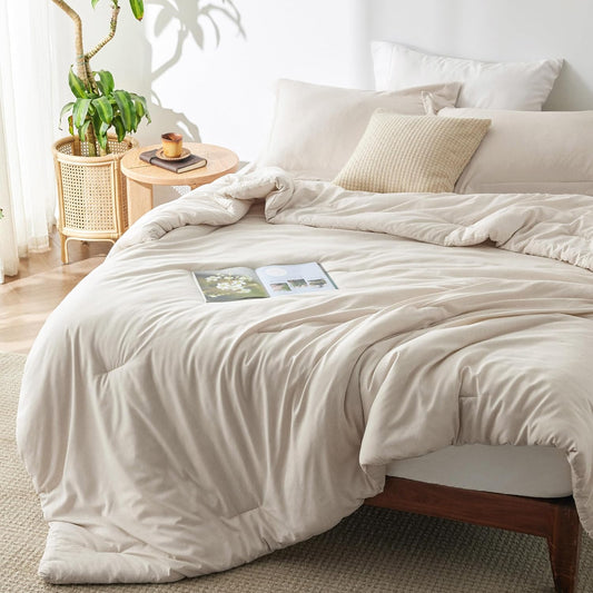 Bedsure King Size Comforter Set, Beige Soft Cationic Dyed Bed Set 3 Pcs
