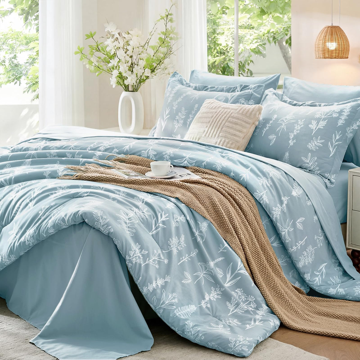 MUXHOMO Queen Comforter Set 7 Pieces, Sage Green Bed in a Bag Queen Reversible Botanical Flowers Design, Ultra Soft & Breathable Bedding Sets with Comforter, Sheets, Pillowcases & Shams
