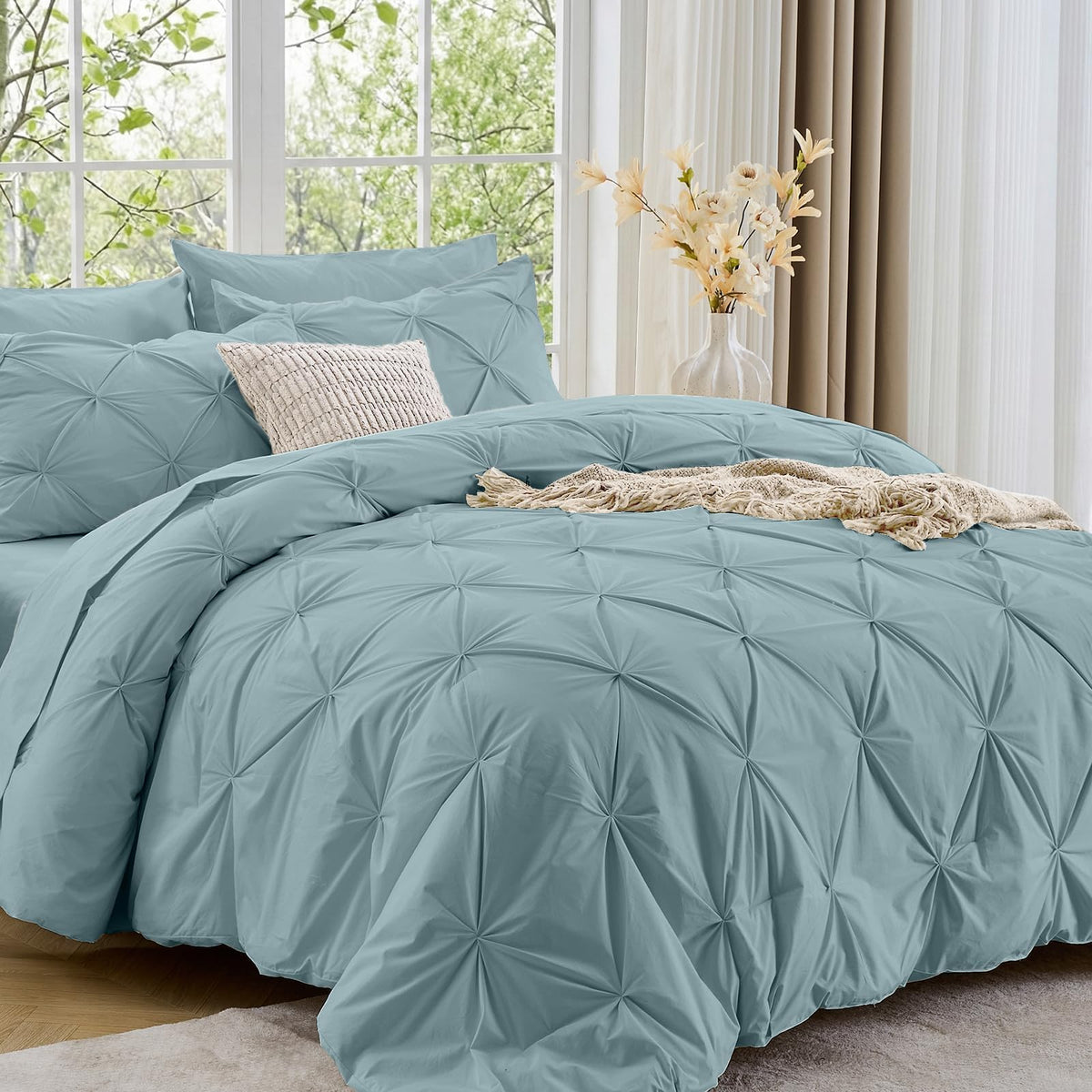 Sasttie Queen Comforter Set, 7-Piece Bed in a Bag, Pintuck Bedding Sets for All Season, Includes Comforter, Flat Sheet, Fitted Sheet, Pillowcases and Pillowshams, Beige
