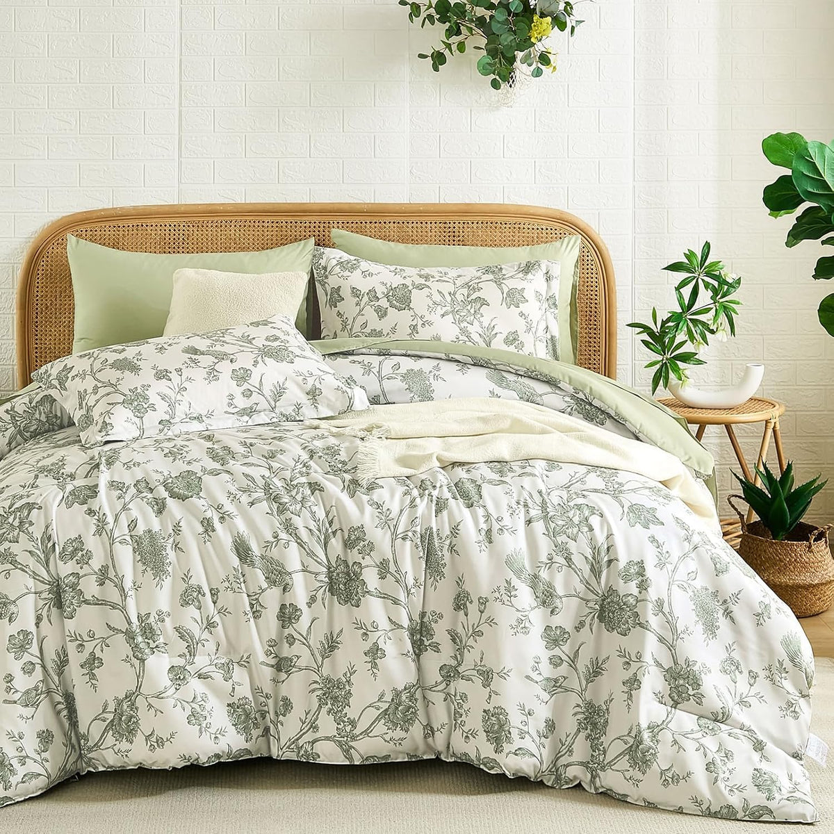 Luxudecor Sage Green Floral Queen Comforter Set, 7 Pieces Bed in a Bag