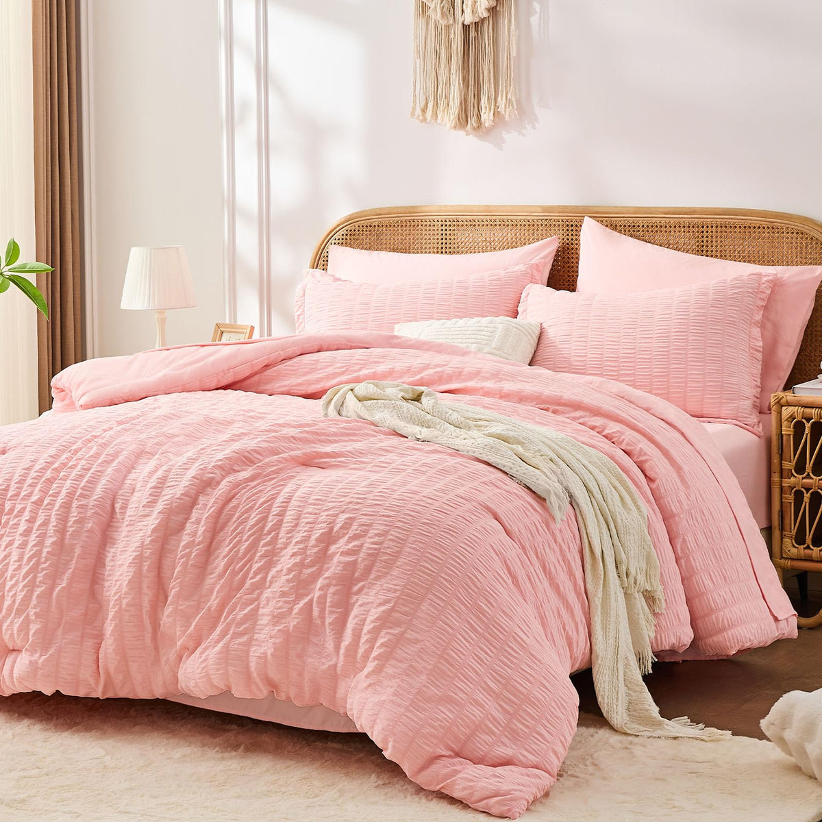 FUANNA Queen Comforter Set 7 Pieces, Pink Bed Set, Seersucker Bed in a Bag