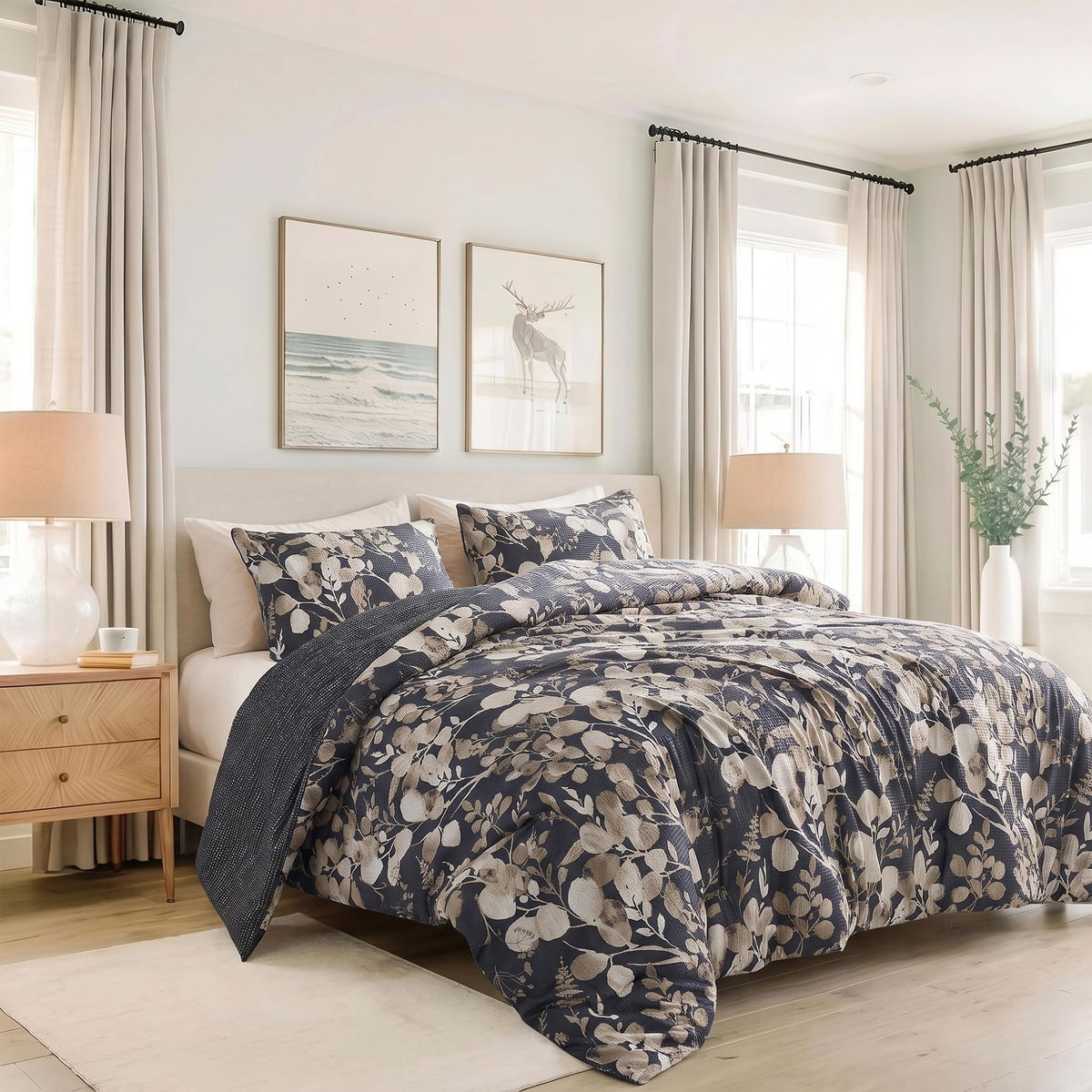 Lightweight Seersucker Botanical Comforter Set Queen Size, 3 Pieces Reversible Design with Striped Print, Premium Microfiber Bedding Set, Comforter and Sham Set, Green