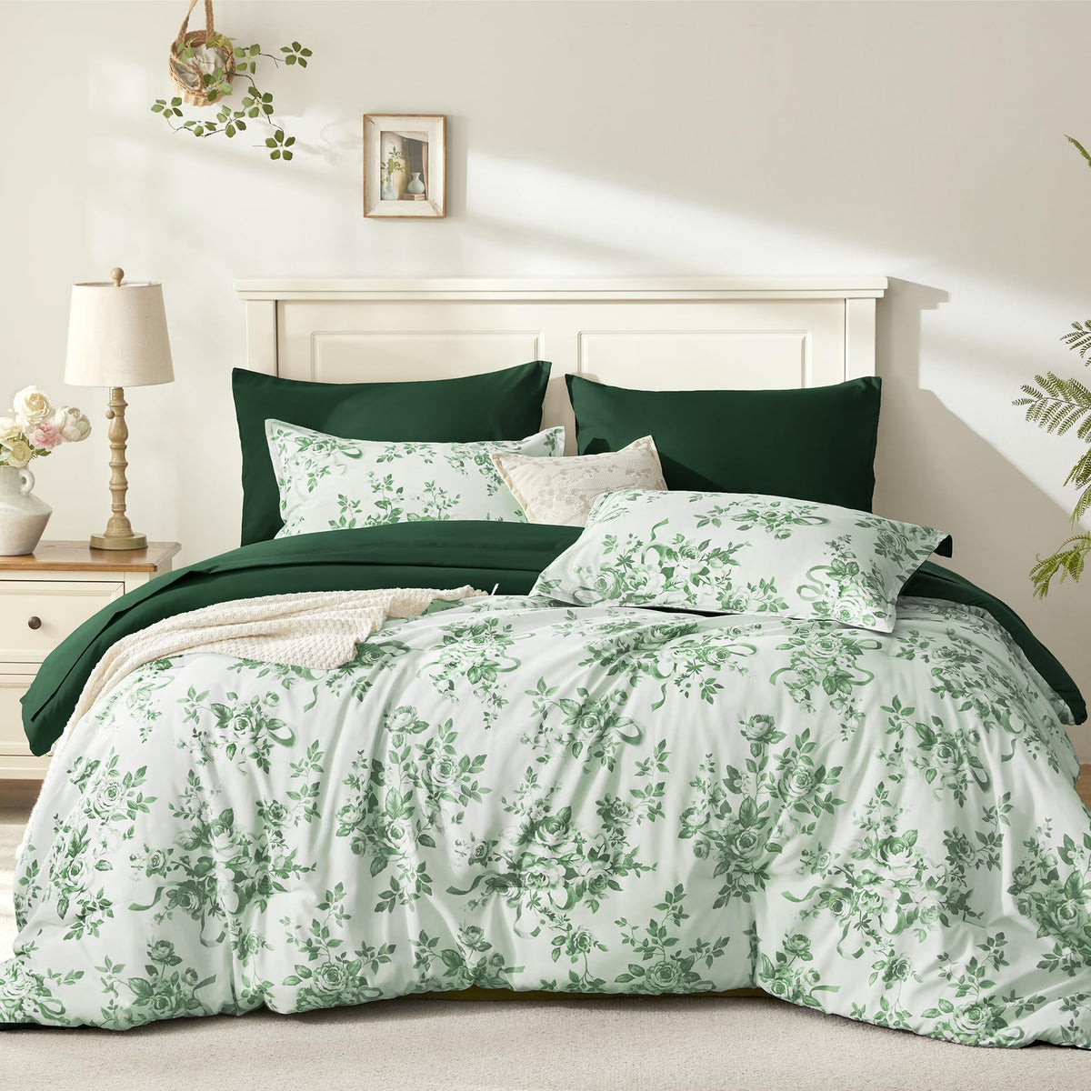 Andency Floral Comforter Queen Set, 7 Pieces Green Rose Flower Bedding Set