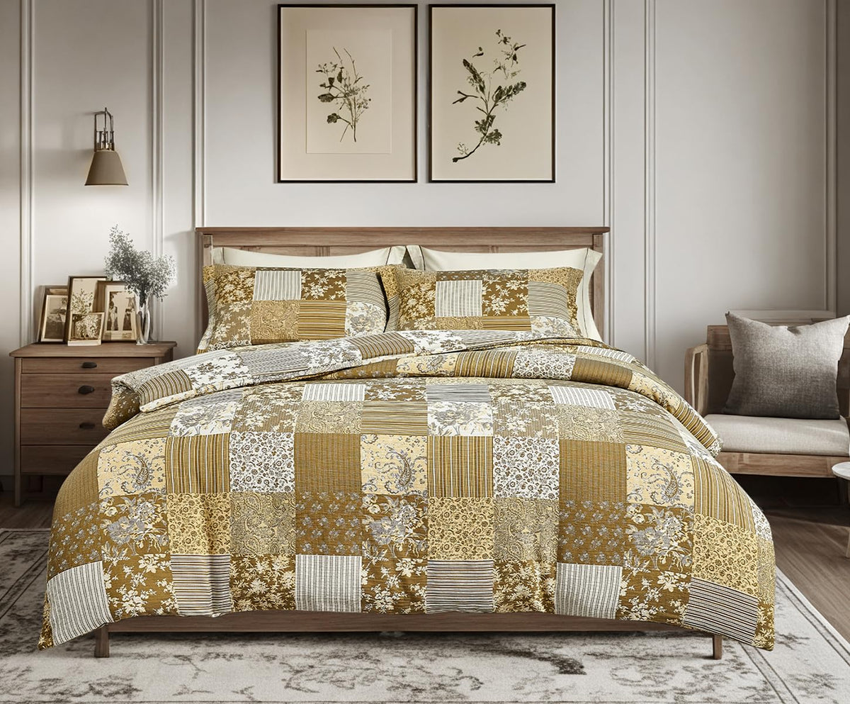 SLEEPBELLA Comforter Queen Size, 600 Thread Count Cotton Brown Branches and Blue Flowers Off-White Comforter Sets, Down Alternative Bedding Set 3Pcs(Queen, Off-White Botanical)