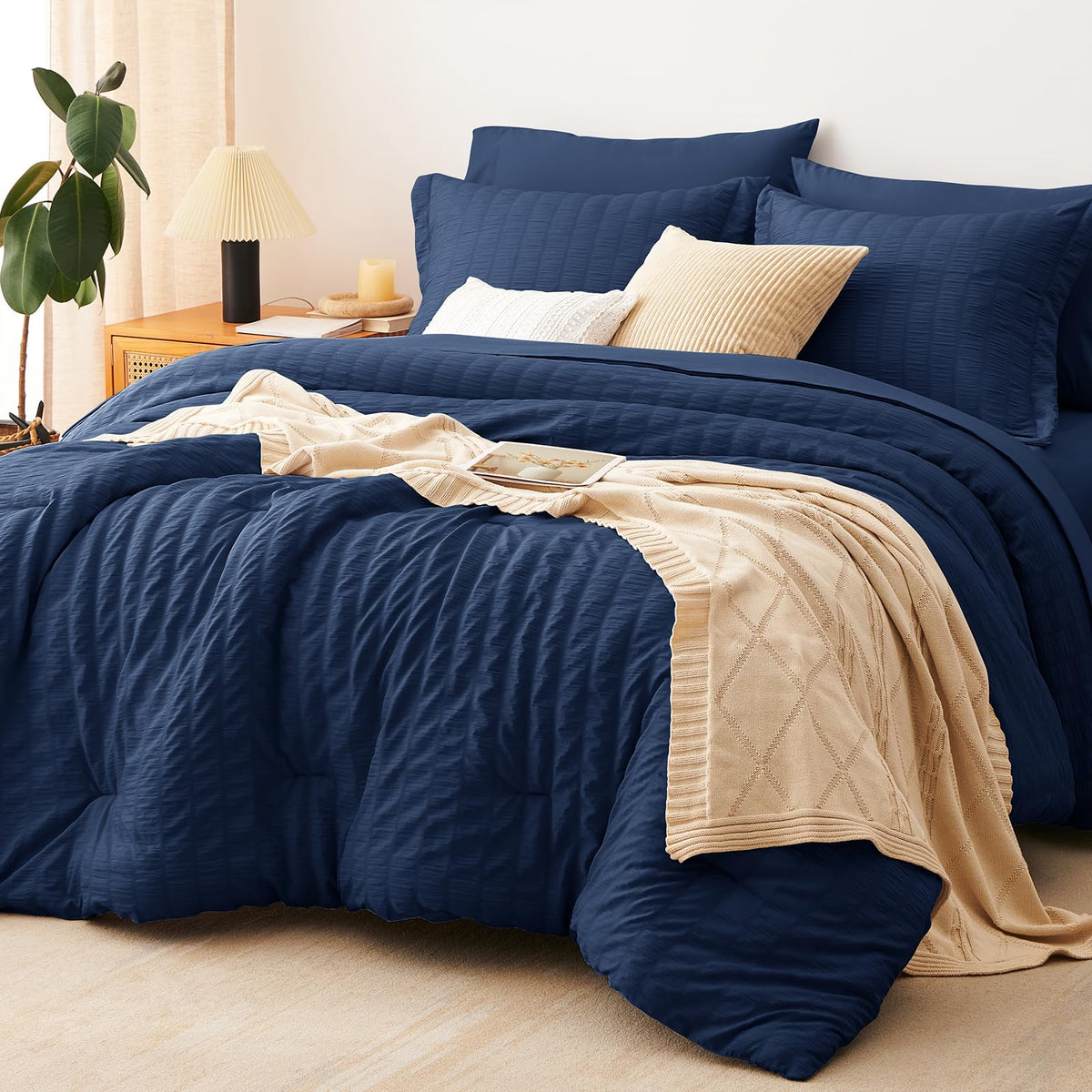 CozyLux Queen Comforter Set, 7 Pieces White Seersucker Bed in a Bag