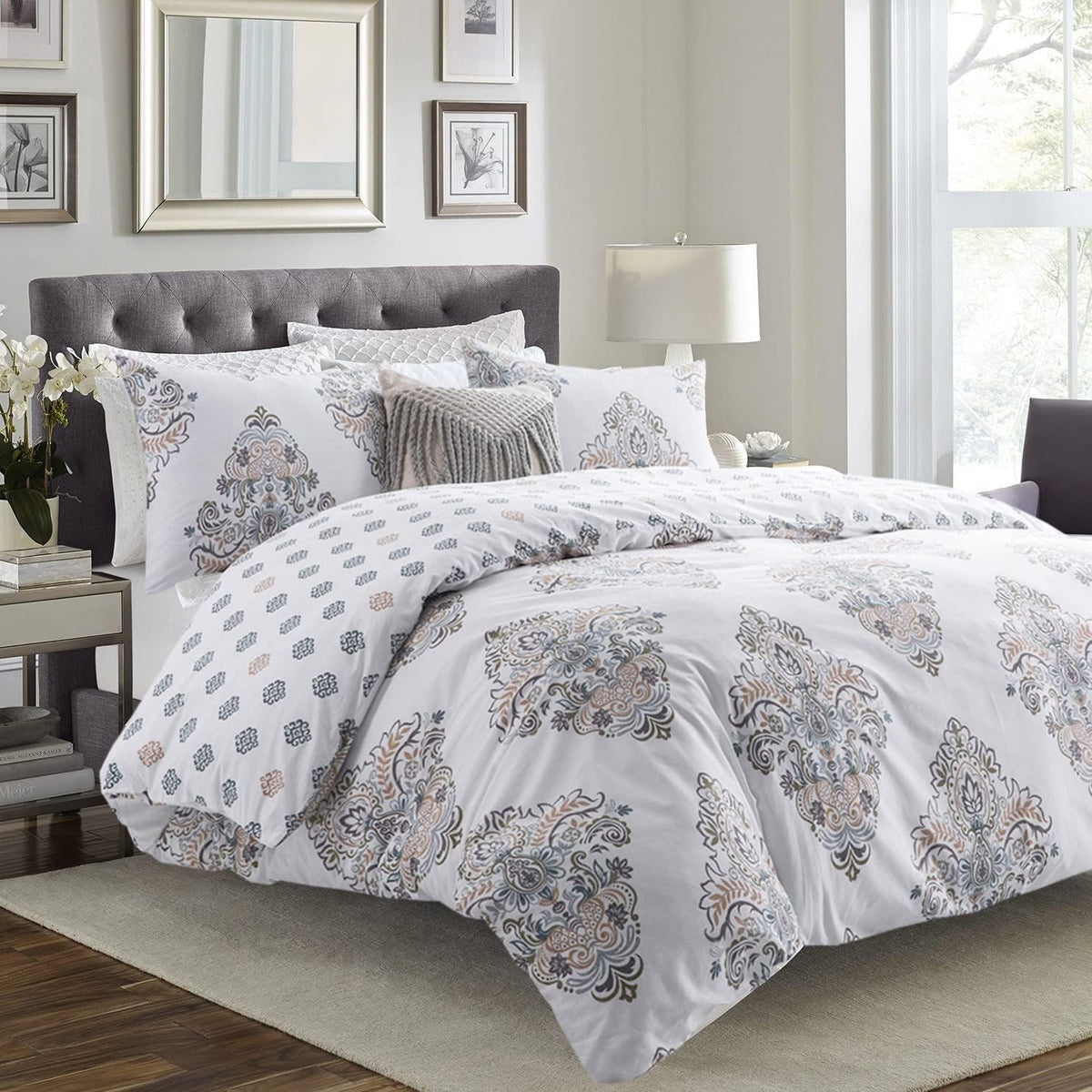SLEEPBELLA Comforter Queen Size, 600 Thread Count Cotton Brown Branches and Blue Flowers Off-White Comforter Sets, Down Alternative Bedding Set 3Pcs(Queen, Off-White Botanical)