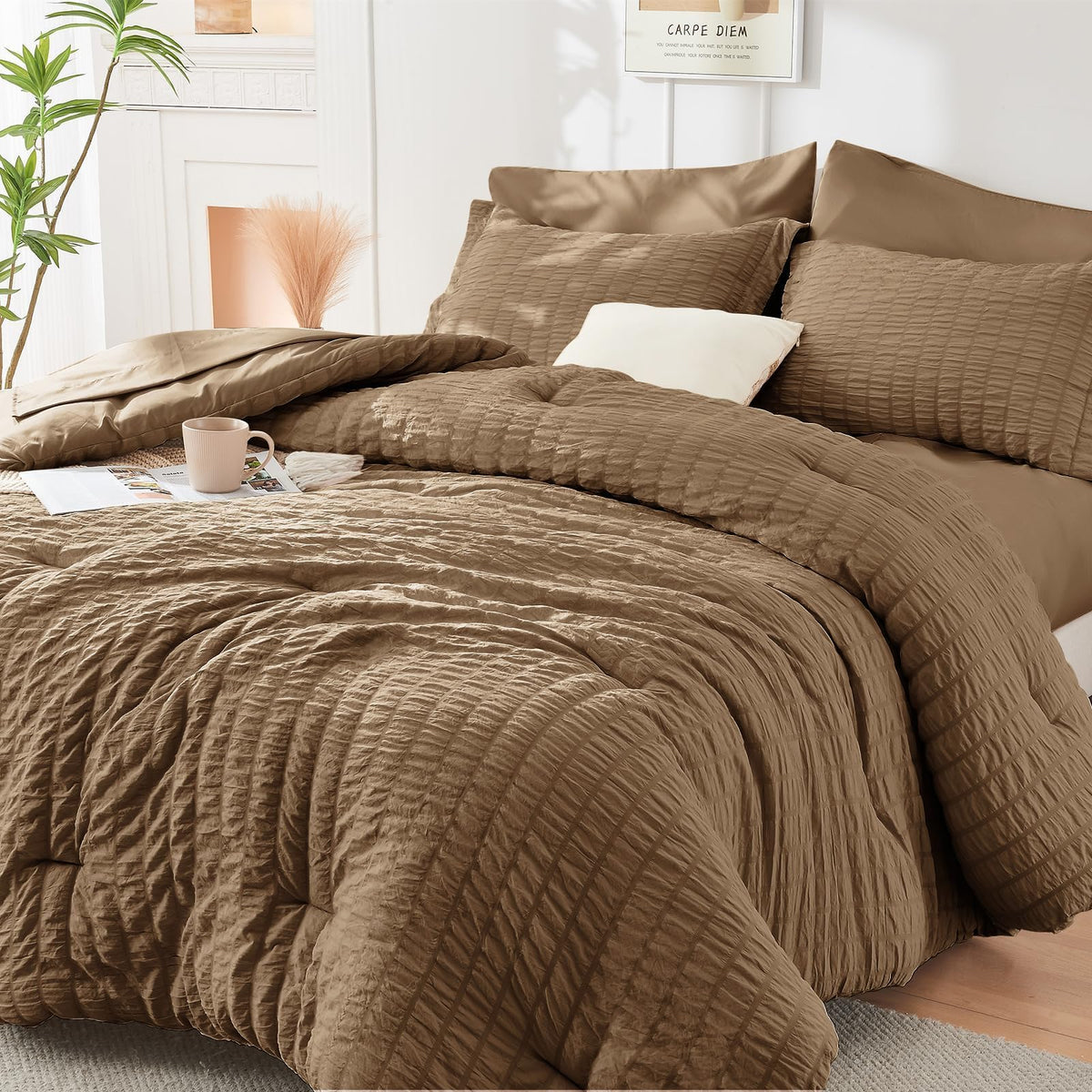 HYMOKEGE Queen Comforter Set Seersucker 7 Pieces, All Season Luxury Bed in a Bag for Bedroom, Bedding Set with Comforters, Sheets, Pillowcases & Shams, Dark Grey