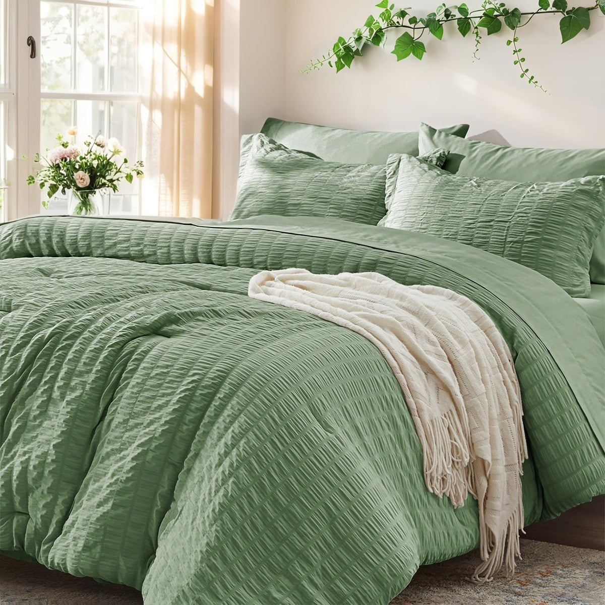 Twin Comforter Set 5 Piece, Olive Green Bed in a Bag Twin Size Bedding Sets
