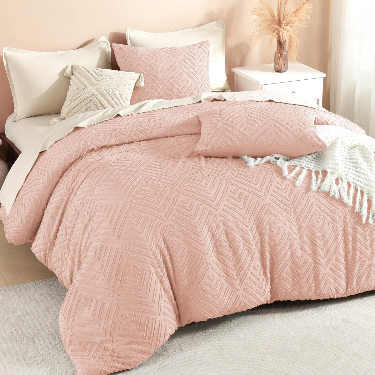 Litanika California King Comforter Set, 3 Pcs Beige Tufted Boho Bedding Set