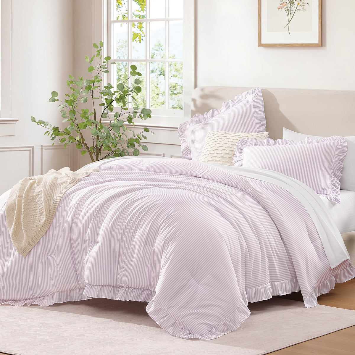 Andency White Comforter Set Queen Size, 3 Pieces Ruffle Farmhouse Bed Set