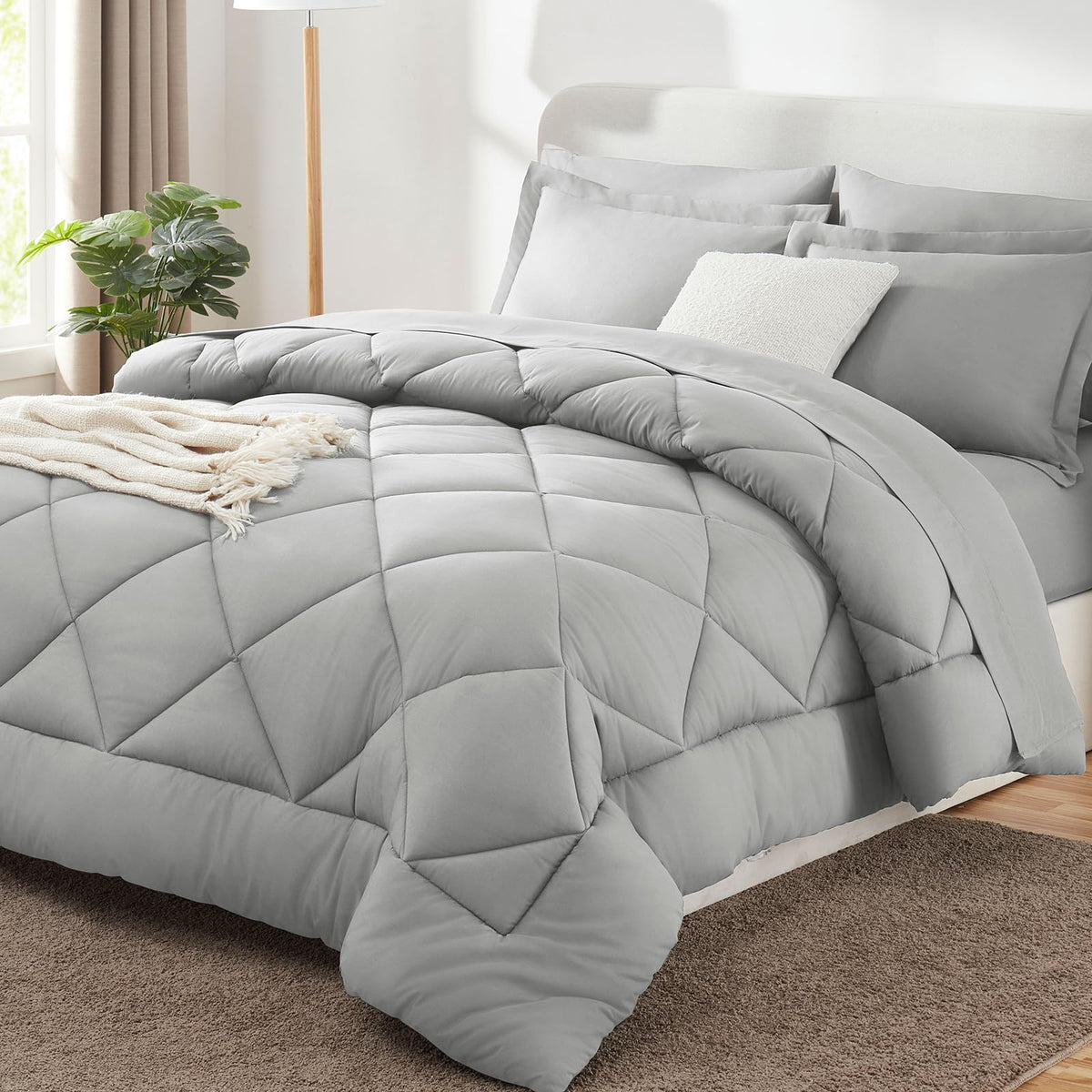 CozyLux Queen Comforter Set 88"x88" Dark Grey - 7 Piece Bed in a Bag