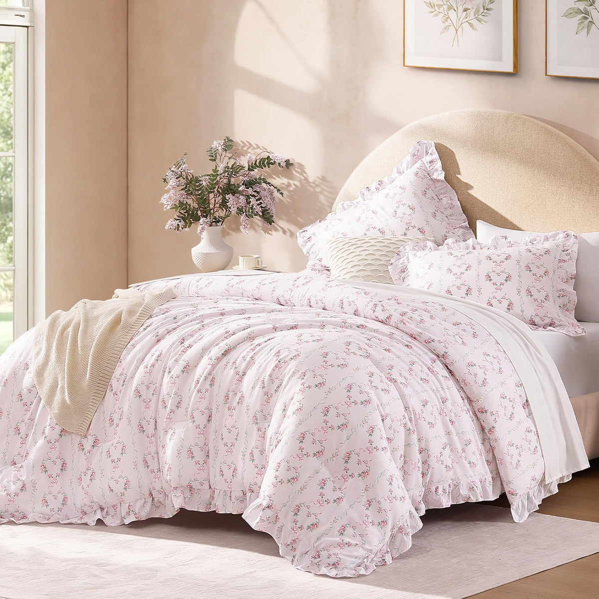 Andency White Comforter Set Queen Size, 3 Pieces Ruffle Farmhouse Bed Set
