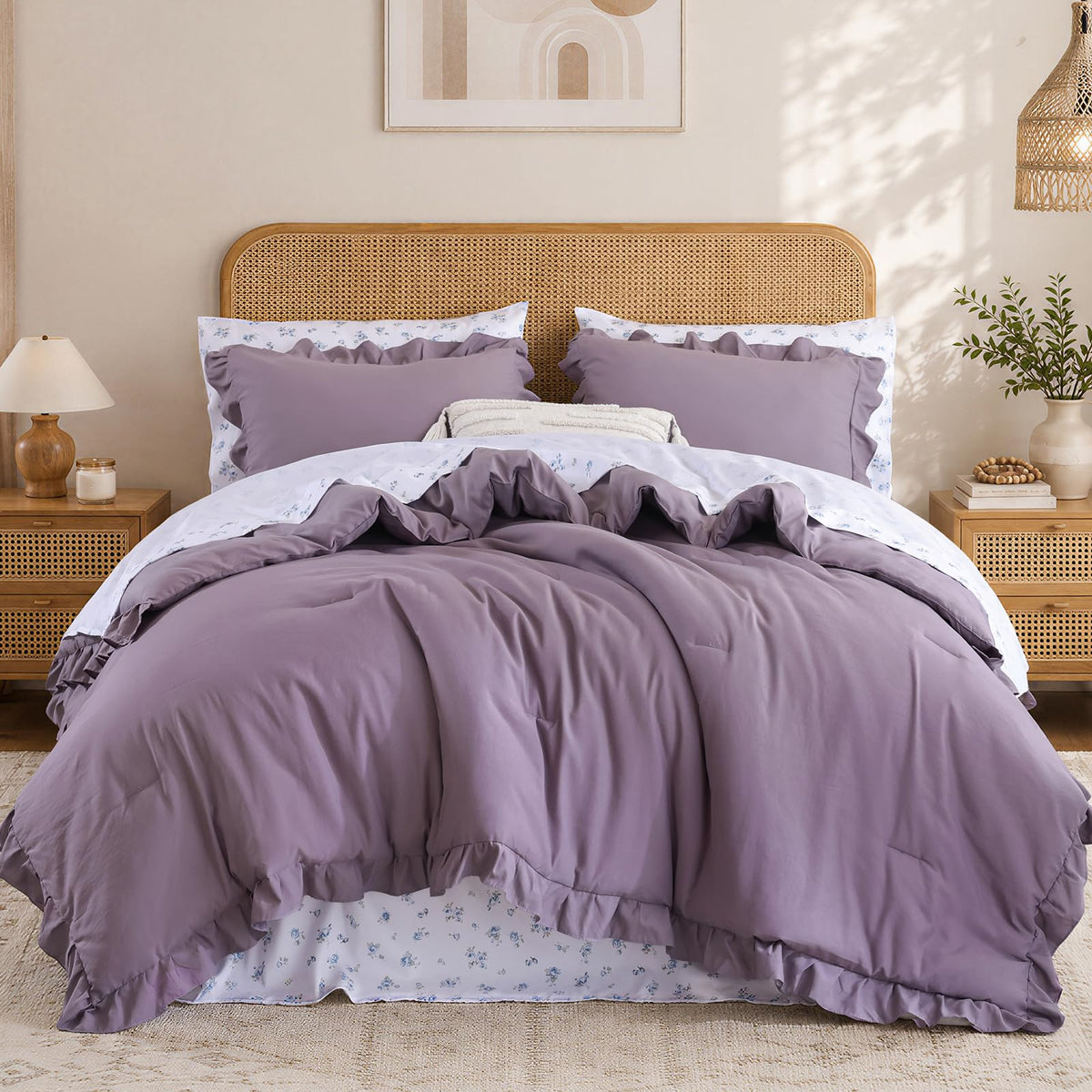 JANZAA Ruffle Queen Comforter Set with Floral Sheets 7 Pieces Cream White