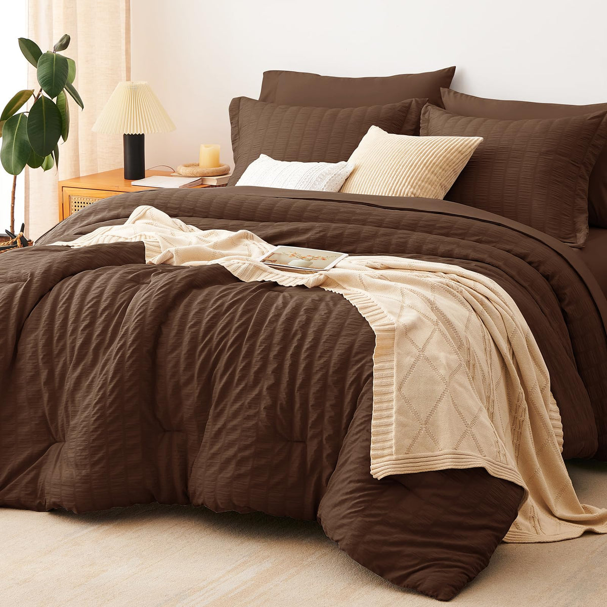 CozyLux Queen Comforter Set, 7 Pieces White Seersucker Bed in a Bag