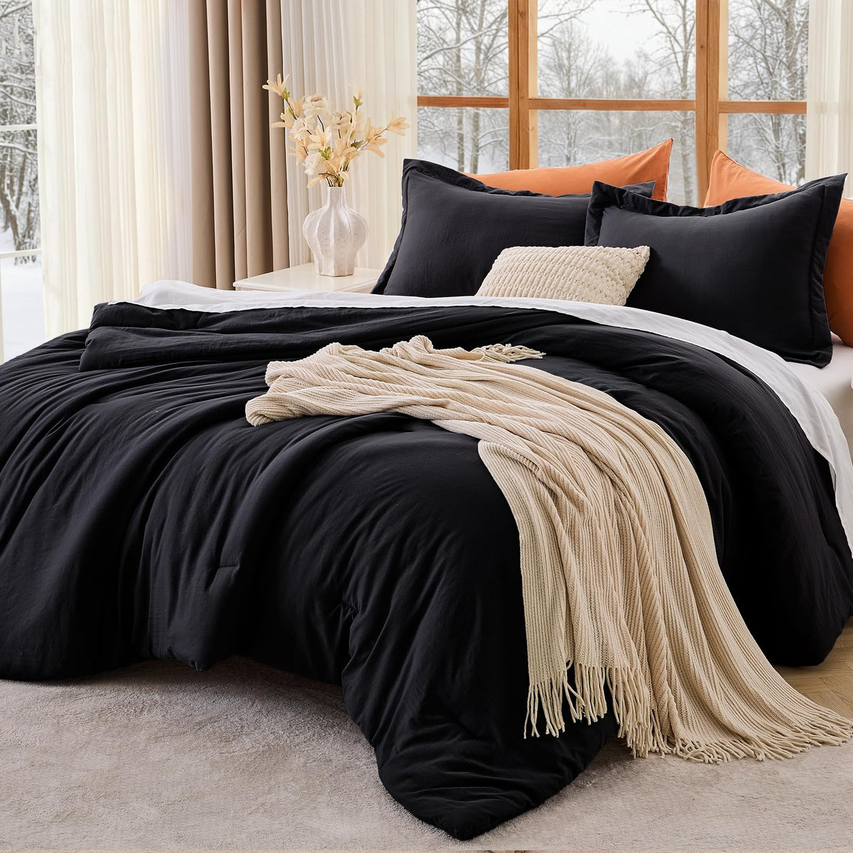 MUXHOMO Queen Size Comforter Set Beige, 3 Piece Solid Bedding for All Seasons, Warm Down Alternative Bed Set Includes 1 Lightweight Comforter (90"x90") and 2 Pillowshams (20"x26")
