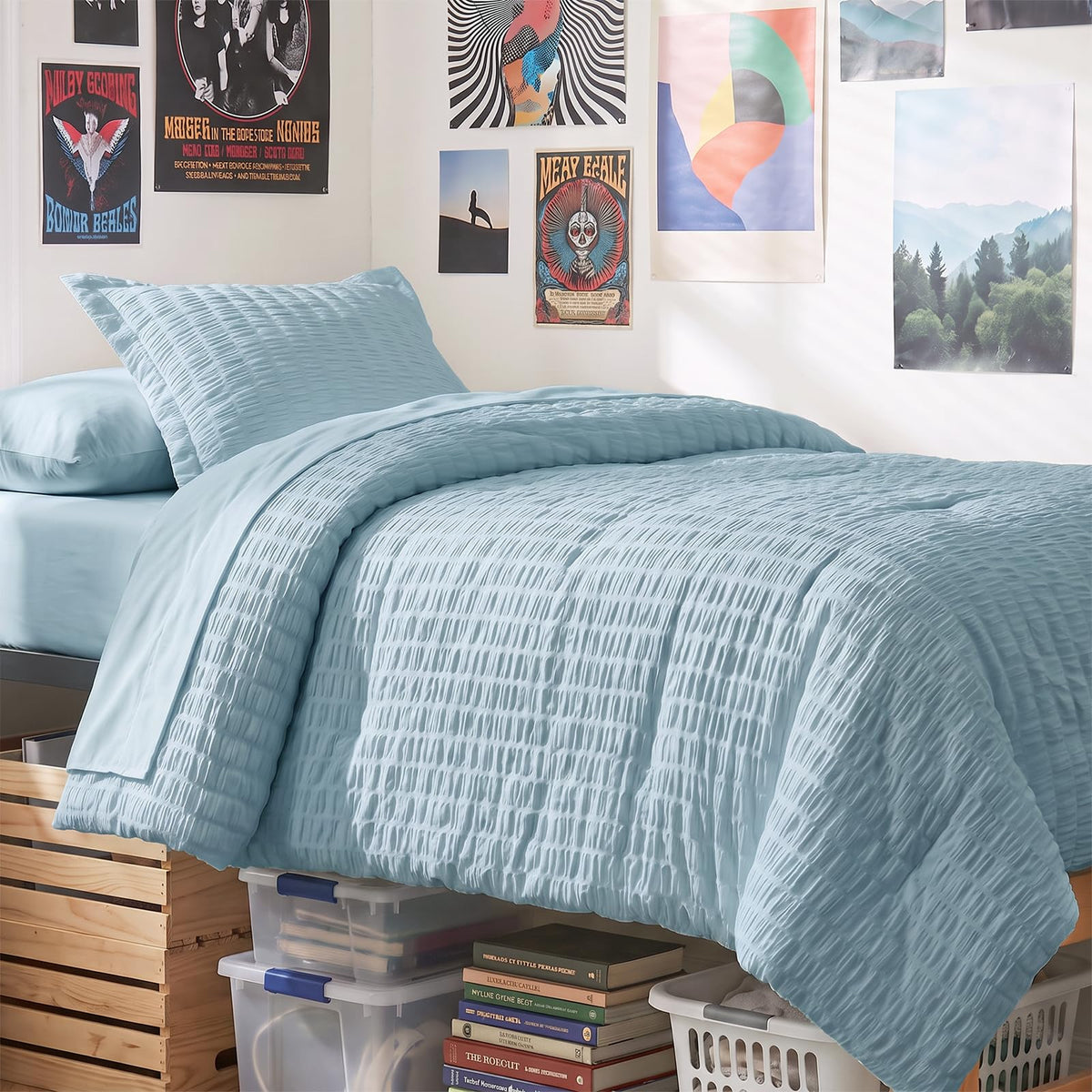 CozyLux Queen Comforter Set, 7 Pieces White Seersucker Bed in a Bag