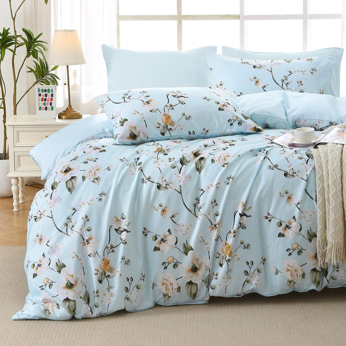 MUXHOMO Queen Comforter Set 7 Pieces, Sage Green Bed in a Bag Queen Reversible Botanical Flowers Design, Ultra Soft & Breathable Bedding Sets with Comforter, Sheets, Pillowcases & Shams